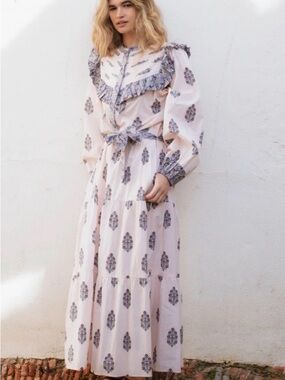 Boho Pink Floral Ruffle Maxi Dress with Tie Waist